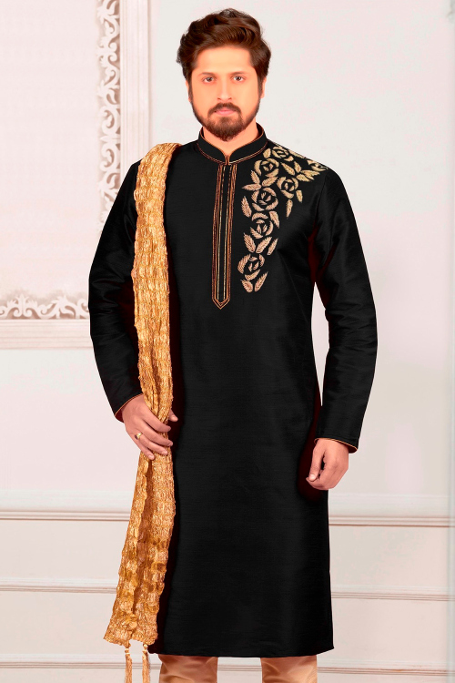 Black Dupion Silk Beads Embroidered Men's Straight Cut Kurta