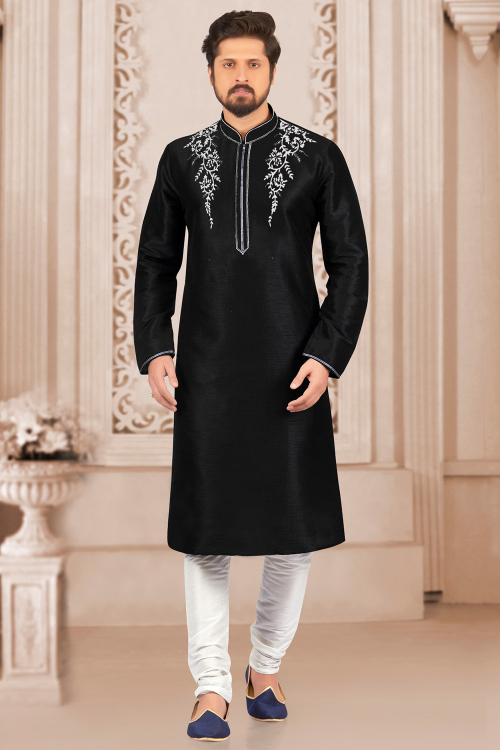 Black Dupion Silk Embroidered Men's Kurta Churidar