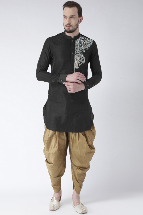 Black Dupion Silk Embroidered Straight Cut Kurta