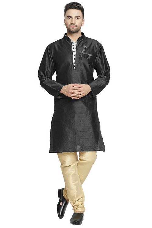  Black Dupion Silk Embroidered Straight Cut Men's Kurta Churidar