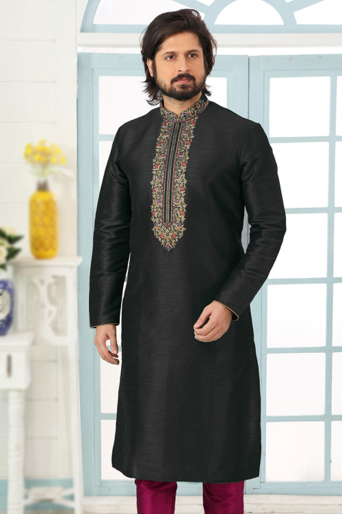 Black Dupion Silk Embroidered Straight Cut Kurta for Men