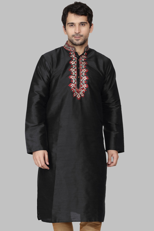 Black Dupion Silk Embroidered Full Sleeve Kurta for Men