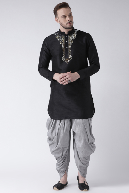 Black Dupion Silk Embroidered Straight Cut Men's Kurta