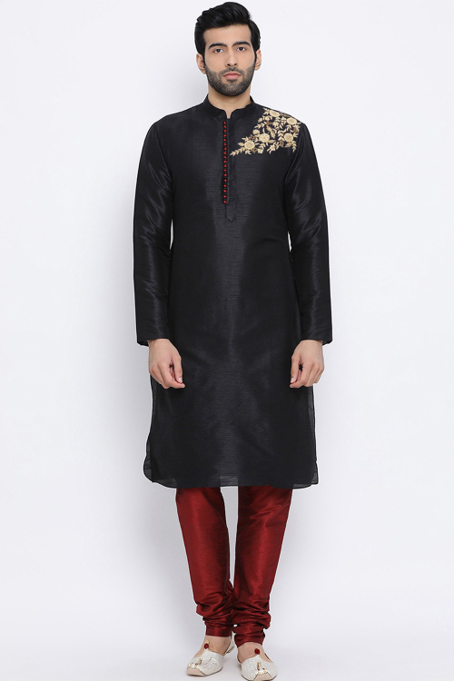 Black Dupion Silk Embroidered Straight Cut Men's Kurta With Churidar