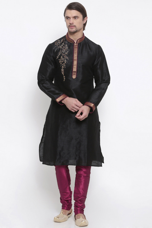 Black Dupion Silk Embroidered Straight Cut Men's Kurta With Churidar