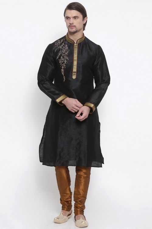 Black Dupion Silk Embroidered Straight Cut Men's Kurta With Churidar