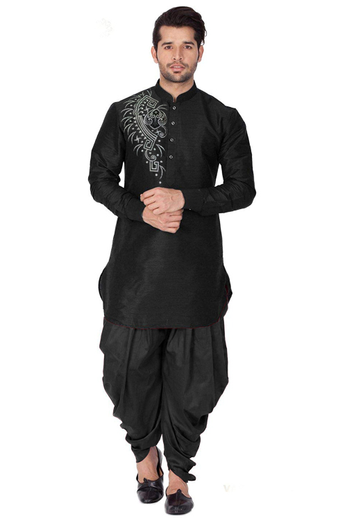 Black Dupion Silk Embroidered Straight Cut Men's Kurta With Dhoti
