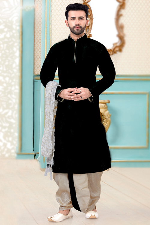 Black Dupion Silk Kurta with Golden Dhoti and Silk Crushed Dupatta