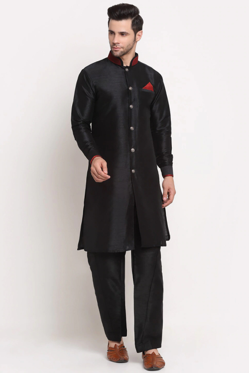 Plain Men Kurta Pajama in Dupion Silk Black for Wedding & Party