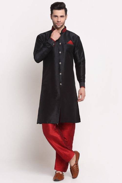 Black Straight Pant Dupion Silk Men Kurta Pajama for Sangeet
