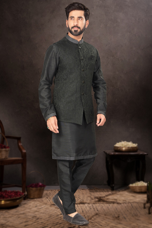 Black Dupion Silk Men's Kurta Pajama With Weaved Jacket