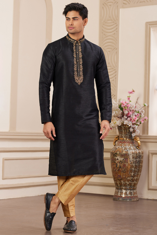Black Dupion Silk Men's Kurta Pajama With Zari Work