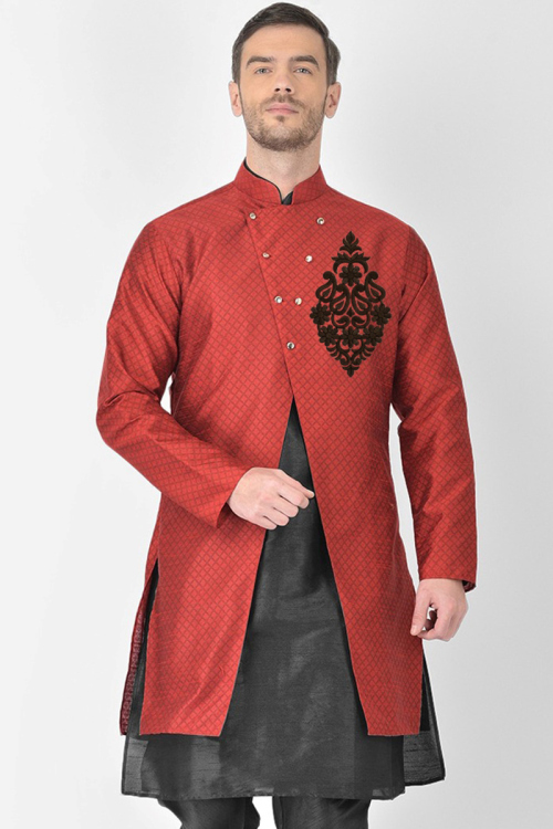Black Dupion Silk Men's Kurta With Embroidered Jacket