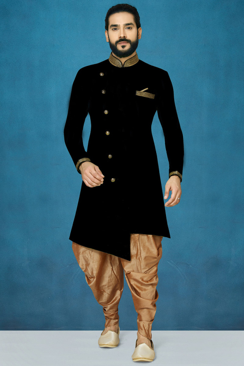 Black Asymmetric Sherwani with Golden Dhoti Pants for Men