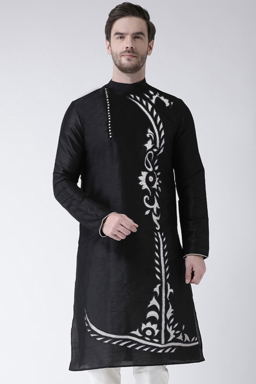 Black Dupion Silk Patch Embroidered Kurta for Men