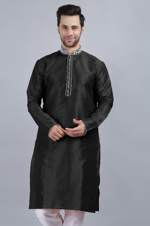 Black Dupion Silk Embroidered Men Kurta for Festive Look