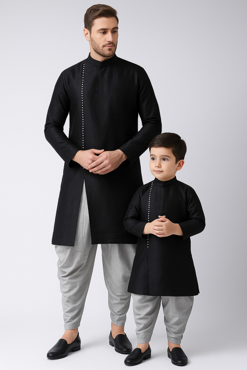 Black Dupion Silk Plain Father And Son Dhoti Kurta