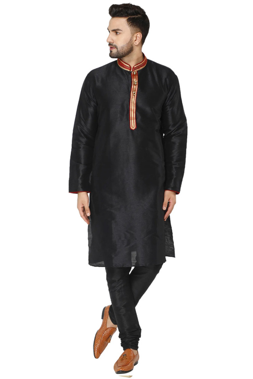 Black Dupion Silk Plain Men's Kurta Pajama