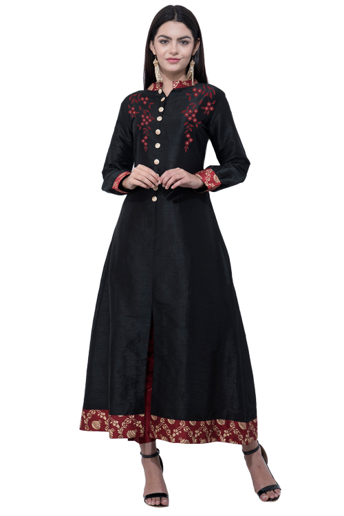 Black Dupion Silk Printed Ready to Wear Front Slit Cigarette Pants Suit