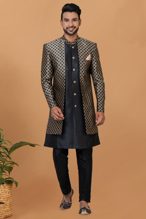 Black Dupion Silk Weaved Jacket Style Men's Sherwani