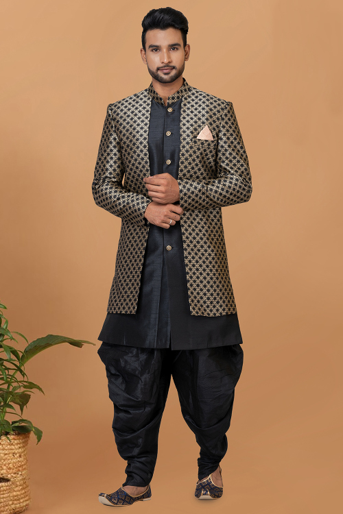 Black Dupion Silk Weaved Jacket Style Men's Sherwani With Dhoti Pant