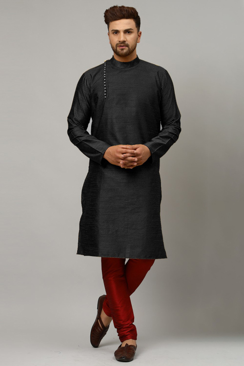 Black Dupion Silk Woven Men Kurta