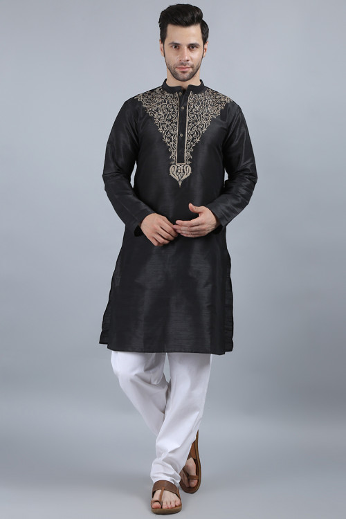 Black Dupion Silk Zari Embroidered Men's Kurta Pajama For Eid 