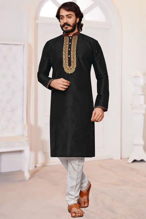 Black Embroidered Dupion Silk Straight Cut Men's Kurta Pajama