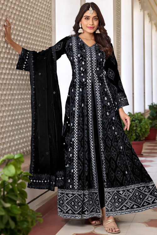 Black Embroidered Front Slit Georgette Anarkali Suit 