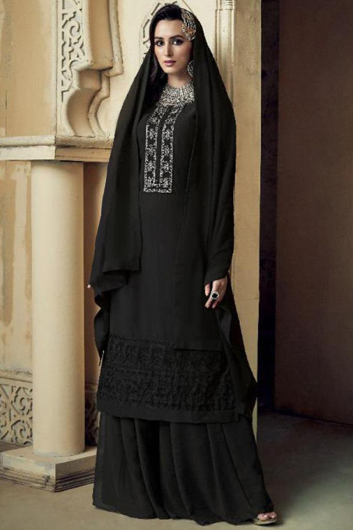 Black Faux Silk Sharara Suit