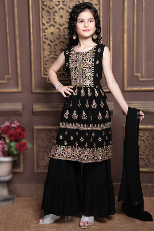 Black Embroidered Georgette Sharara Suit 