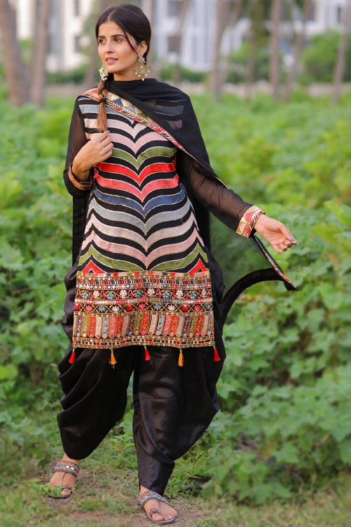 Black Embroidered Georgette Straight Cut Patiala Suit 