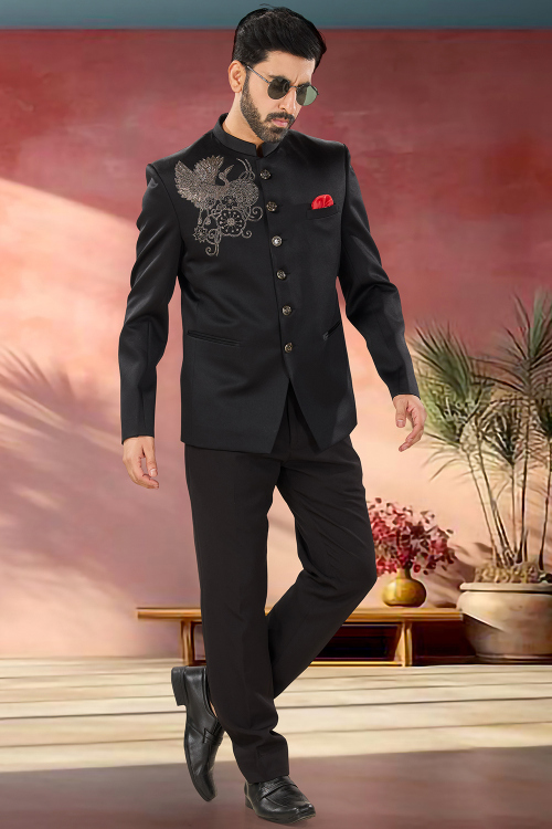 Black Embroidered Jodhpuri Sherwani with Stone Work
