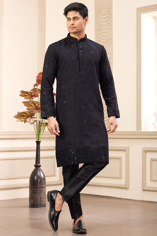 Black Embroidered Silk Blend Men's Kurta Pajama For Festival 