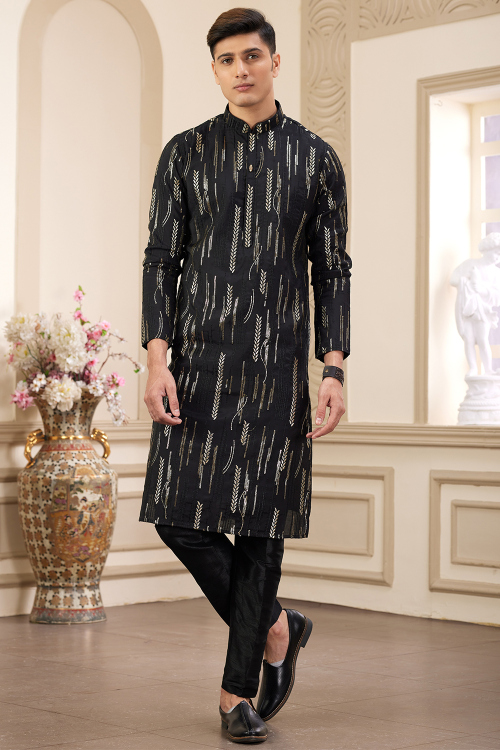 Black Embroidered Silk Blend Men's Kurta Pajama