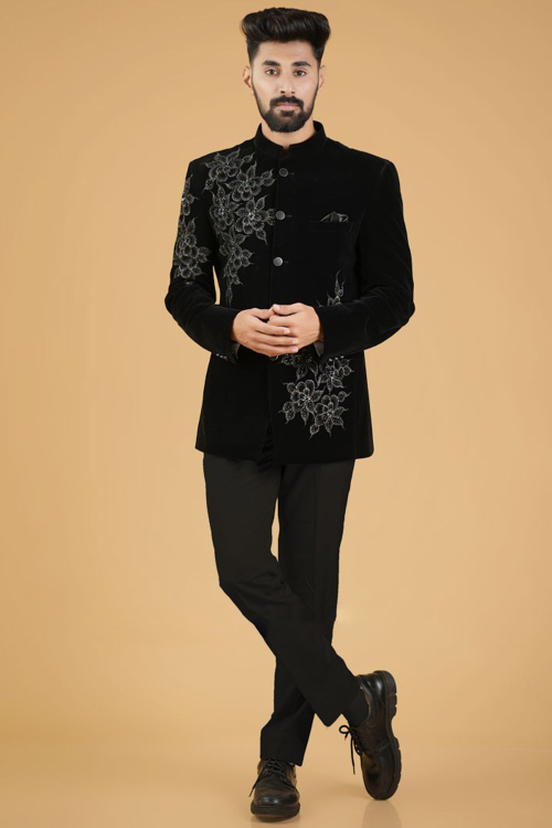 Black Embroidered Velvet Jodhpuri Style Men's Coat Pant