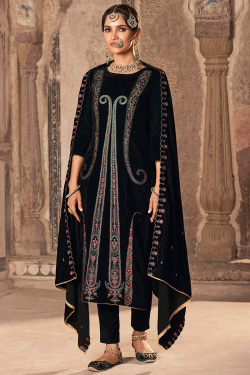 Black Embroidered Velvet Straight Cut Trouser Suit
