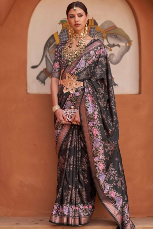 Casual Wear Black Floral Print Silk Light Weight Saree