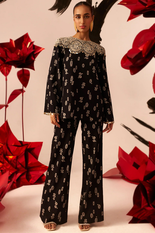 Black Foil Print Silk Indo-Western Hip Length Palazzo Suit for Wedding & Party