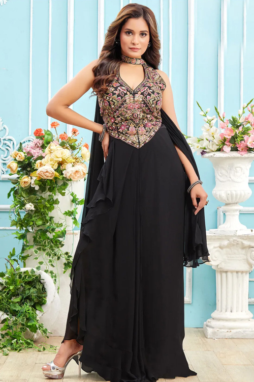 Black Georgette Dhoti Style Lehenga with Zari Work for Weddings