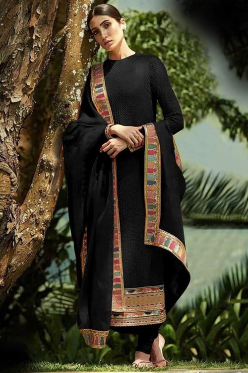 A Line Eid Churidar Suit in Georgette Black for Sangeet