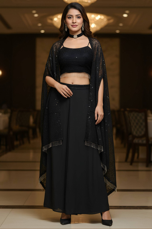 Black Georgette Embroidered Crop Top With Drape Skirt