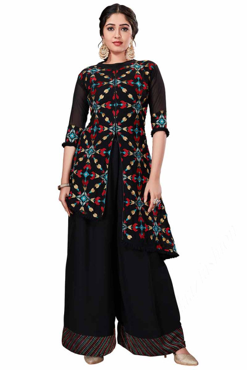 Black Georgette Embroidered Indo-Western Trouser Suit