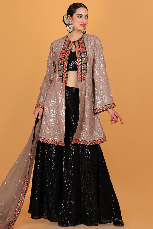Black Georgette Embroidered Jacket Style Palazzo Suit