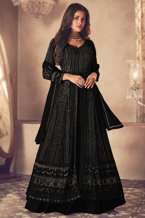 Front Slit Lehenga in Georgette Black for Sangeet