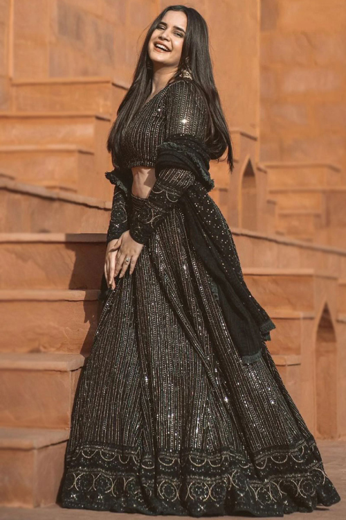 Party Wear Resham Embroidered Lehenga in Georgette Black