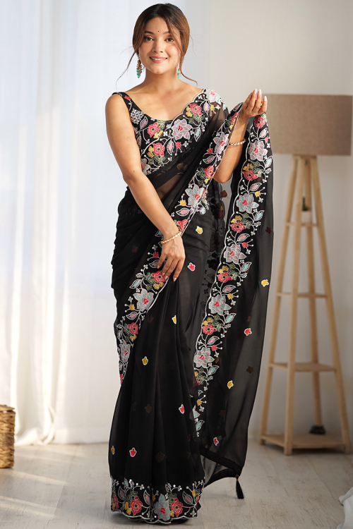 Black Georgette Saree with Sleeveless Sequin Blouse