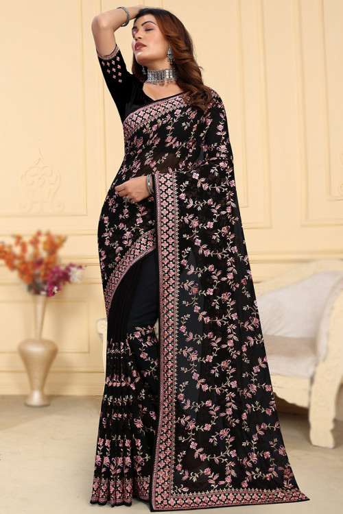 Black Georgette Embroidered Lightweight Casual Wear Saree