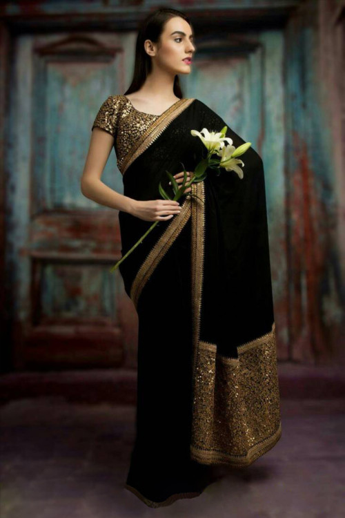 Georgette Eid Saree with Lace Embroidery in Black for Party 