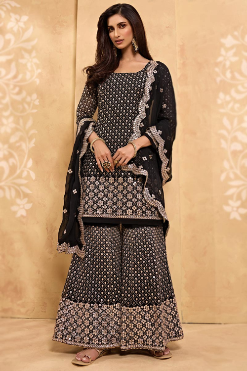 Black Georgette Embroidered Sharara Suit